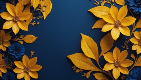 an floral arrangement composed of stylized yellow flowers and dark blue accents set against a deep navy blue background. The yellow flowers prominent petals and textured centers, appearing almost sculpted. Dark blue foliage and smaller floral are strategically placed to complement the yellow blooms. The composition is asymmetrical, with the arrangement concentrated in the corners and along the edges, creating a sense of movement and flow. The rich colors and detailed rendering make this a...の素材