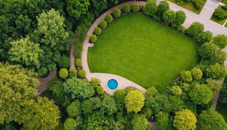 An aerial perspective showcases a perfectly circular, vibrant green lawn at the heart of a lush garden. A small, inviting blue pool is nestled at the edge of the lawn, adding a striking contrast and a focal point. The lawn and pool are embraced by a dense, verdant ring of trees and abundant shrubs, creating a sense of enclosure and tranquility. Curved pathways are visible, hinting at further exploration within the garden. The emphasizes the clean lines of the circular lawn and the natural,...の素材