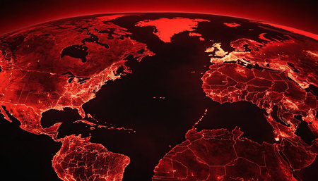 offers a dramatic perspective of the Earth from space, with a strong emphasis on the illuminated continents of North America and Europe. The landmasses are bathed in an intense red and orange glow, suggesting a powerful source of light or energy. The surrounding space is a deep black, making the glowing continents appear even more prominent. The conveys a sense of global reach and intense activity, potentially representing a pandemic, a technological network, or a significant global event.の素材