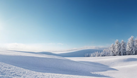 A serene winter scene unfolds with gently rolling hills blanketed in fresh snow, set against a vast, clear blue sky. A line of frosted evergreen trees stands on the right, their branches laden with snow, adding a touch of delicate detail to the expansive white landscape. Subtle mist or clouds linger in the far distance, softening the horizon. The overall impression is one of pristine beauty, crisp air, and profound tranquility, a representation of a peaceful winter day.の素材