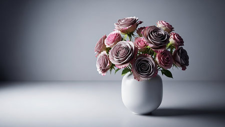 A beautifully arranged bouquet of dusty rose and mauve roses is presented in a sleek white ceramic vase. The flowers display a range of delicate petals and subtle color variations, from soft pinks to muted purples and greys. The arrangement is set against a softly lit grey background, with a clean white surface below, creating a minimalist and composition. The lighting casts gentle shadows, highlighting the texture and form of each bloom and the smooth finish of the vase.の素材