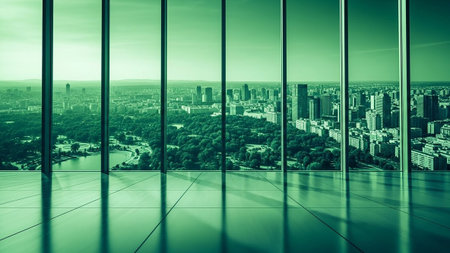 showcases a high-altitude view of a city, presented through the large windows of a modern office. The scene is characterized by a prominent green hue, emphasizing the lush parkland nestled amongst the towering skyscrapers. A tranquil lake is visible within the park, reflecting the sky. The polished floor of the office adds a sleek finish, mirroring the light and the architectural lines. The overall impression is one of a vibrant, well-planned urban environment with a strong connection to nature.の素材