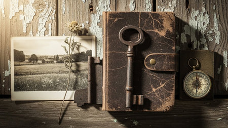 A striking vintage still life featuring an aged, leather-bound journal prominently displayed with a large antique key resting on its cover. To the left, a sepia-toned landscape a rural scene with farmhouses and rolling hills. The textured wooden background and dramatic lighting enhance the sense of history and timelessness. A small compass sits to the right of the journal.の素材