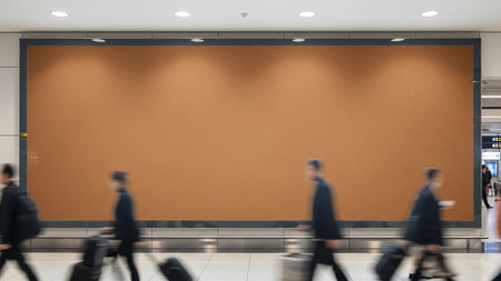 captures the dynamic atmosphere of an airport terminal with a strong sense of motion blur. Several figures of travelers are seen walking past a very large, blank billboard with a light brown, textured surface. The motion blur emphasizes the constant flow of people and activity within the airport. The billboard itself is a prominent, empty space, advertising or promotional set against the clean, modern interior of the terminal. The overall impression is one of busy transit and available...の素材