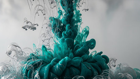 An abstract composition featuring delicate strands of silver glitter and teal ink gracefully dispersing in water. The fine lines and swirling patterns create an intricate and visual texture. The interplay of light and the subtle sparkle of the glitter contribute to an ethereal and dreamy atmosphere. This macro shot highlights the fine details of the fluid dynamics and the organic beauty of the ink dispersion.の素材