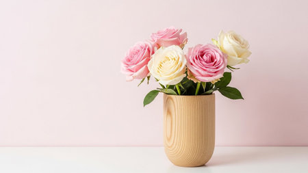 A charming still life composition featuring a bouquet of soft pink and cream roses artfully arranged in a smooth, light-colored wooden vase. The flowers, with their delicate petals and vibrant green leaves, are set against a pale pink, softly lit background. The vase rests on a clean white surface, creating a minimalist and aesthetic. evokes feelings of gentleness, romance, and natural beauty, themes of love, celebrations, or home decor.の素材