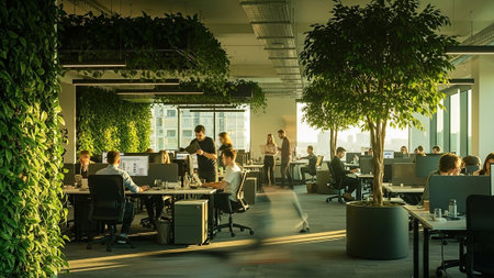 A lively and modern office interior filled with people actively working and collaborating. Sunlight streams through large windows, illuminating the space and casting soft shadows. The environment is rich with greenery, featuring a large indoor tree, vertical plant walls, and hanging foliage, creating a biophilic and refreshing atmosphere. Desks with computers and chairs are arranged for both individual work and team interaction. The distant city skyline is visible, providing an urban context...の素材