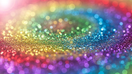 offers a close-up view of a rainbow-colored glitter surface, with soft, blurred bokeh lights scattered throughout. The vibrant spectrum of colors, including purple, blue, green, yellow, and pink, creates a and festive effect. The sparkling glitter and ethereal bokeh lights evoke a sense of magic and celebration, making it an abstract background for various creative applications.の素材