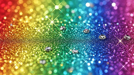 offers a close-up perspective of a rainbow glitter surface, showcasing a soft focus with prominent bokeh effects. The glitter a smooth color transition through the rainbow spectrum. Scattered sparsely across the glitter are small, clear diamonds that sparkle with sharp highlights. The background is filled with soft, circular out-of-focus lights, creating a dreamy and magical atmosphere. The overall impression is one of delicate sparkle and luminous beauty.の素材