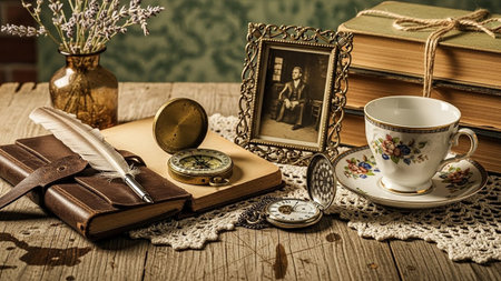 A charming vintage desk scene is artfully arranged on a rustic wooden surface adorned with a delicate lace doily. Antique books, a leather-bound journal with a quill pen, a brass compass, and a pocket watch are laid out alongside a beautifully decorated porcelain teacup and saucer. A small framed portrait and a vase of lavender add personal and decorative touches to this warm and nostalgic composition.の素材