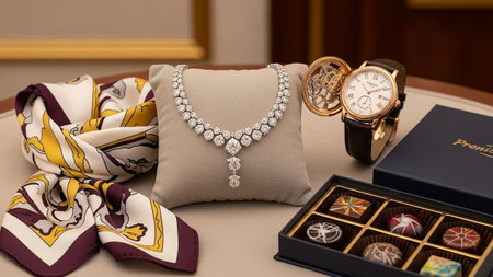 A curated collection of luxury is artfully arranged. A diamond necklace and matching earrings are displayed on a velvet cushion. A wristwatch with a leather strap sits next to an open gift box containing gourmet chocolates. A vibrantly patterned silk scarf is elegantly draped nearby. The are presented on a polished surface, bathed in warm light, highlighting their exquisite craftsmanship and opulent appeal.の素材