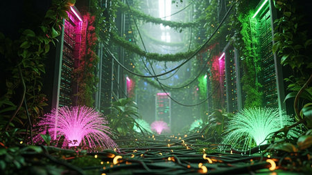 A surreal and futuristic server room where nature has reclaimed technology. Lush green vines and plants intertwine with server racks and glowing neon lights in shades of pink and green. Fiber optic cables emanate soft, colorful light, creating a mystical and atmospheric digital landscape. The scene blends organic growth with advanced technology, suggesting a harmonious or perhaps dystopian future.の素材