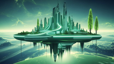 A view of a futuristic city built on a floating island, suspended in a surreal alien landscape. The city's sleek, modern architecture is outlined with glowing green neon lights, harmonizing with the organic shapes of the surrounding mountains and sky. Lush green trees dot the island, suggesting a blend of advanced technology and nature. The scene is bathed in an ethereal green light, creating a dreamlike and awe-inspiring atmosphere.の素材