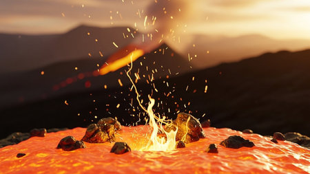 A dramatic close-up view of a volcanic eruption at twilight. Molten lava flows from a central vent, surrounded by glowing embers and sparks that fly upwards. In the background, a distant volcano emits a plume of smoke and ash against a dusky sky. The scene is dominated by intense oranges and reds, conveying the raw power and destructive beauty of nature.の素材