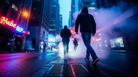 Two figures, silhouetted and cloaked in hoods, walk down a wet, reflective city street at night. Thick mist or fog swirls around them, illuminated by the vibrant glow of neon signs and streetlights. The scene is characterized by dramatic lighting, with strong contrasts between light and shadow, and a palette of blues, purples, and oranges. The wet asphalt reflects the colorful lights, creating a moody and atmospheric urban landscape that feels both mysterious and cinematic.の素材