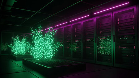 A dimly lit server room is illuminated by vibrant green glowing plants and bright pink neon lights. Rows of server racks line the walls, with cables and wires visible. The plants are lush and appear to be growing out of rectangular planters. The overall atmosphere is futuristic and suggests a blend of technology and nature.の素材