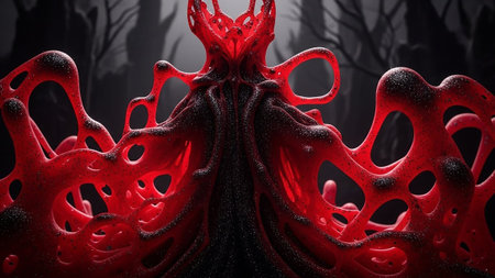 A striking, abstract organic form erupts from a dark, textured base. The form is primarily a vibrant, viscous red, with black visible within its core and in the base. It appears to be in a state of constant flux, with fluid, tendril-like extensions reaching outwards and downwards. The overall impression is one of an unsettling, alien, or monstrous biological entity. The background is dark and indistinct, with hints of a dark, possibly forest-like environment, further enhancing the eerie and...の素材