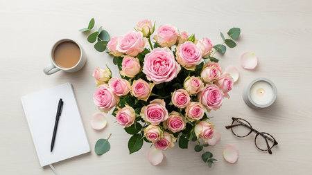 An overhead view of a bright and elegantly styled desk a lush bouquet of soft pink roses as the central focus. Beside the floral arrangement sits a white ceramic mug filled with coffee, a closed white notebook with a black pen resting on it, and a pair of stylish glasses. Scattered pink rose petals and sprigs of eucalyptus add delicate accents. A small grey candle with a lit flame provides a warm glow. The scene is set on a light-colored, textured wooden surface, conveying a sense of calm,...の素材