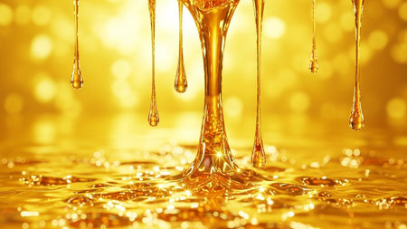 This macro captures a central stream of golden viscous liquid as it drips and falls, creating a dynamic and shimmering pool below. Individual droplets are suspended in mid-air before merging with the surface, which is characterized by ripples and sparkling highlights. The intense golden color and the interplay of light and fluid create a and visually scene.の素材