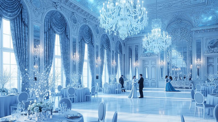 An opulent ballroom is showcased with its mirrored walls reflecting the grandeur of crystal chandeliers and intricate architectural details. The winter decor, in shades of blue and white, creates a cool and ambiance. Guests in formal attire are present, adding a touch of social grace to this and setting.の素材