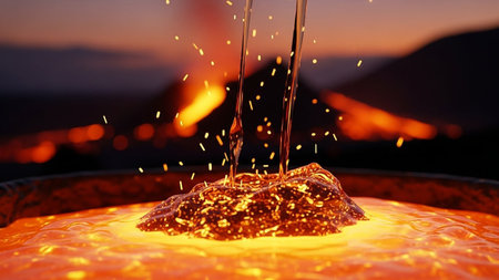 A close-up view of molten lava erupting from a volcanic source, with glowing embers and fiery sparks scattering into the air. The background a dark, mountainous landscape under a twilight sky, with distant volcanic activity adding to the intense atmosphere. The fluid nature of the lava is captured as it flows and bubbles, creating a dynamic and powerful visual.の素材