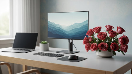 A modern and clean home office desk a sleek laptop, a large computer monitor displaying a serene landscape, a wireless keyboard, and a mouse on a mousepad. A small potted plant adds a touch of greenery. To the right, a vibrant bouquet of red roses in a white vase brings a pop of color and elegance to the workspace. The scene is illuminated by natural light streaming through a window with sheer curtains, creating a bright and inviting atmosphere.の素材
