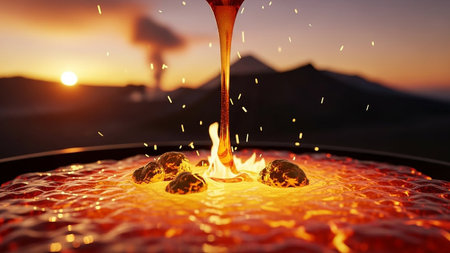A view of a stream of molten lava pouring into a turbulent pool. The scene is set against a dramatic sunset sky, with the silhouette of a distant volcanic eruption in the background. Sparks and embers are scattered around the point of impact, adding to the fiery spectacle. The warm, intense colors of the lava and the sunset create a powerful and awe-inspiring of geological forces.の素材