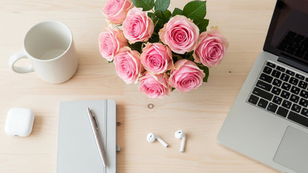 A flat lay composition on a light wooden desk showcases a bouquet of pink roses. To the right, a silver laptop is open, and a grey notebook with a silver pen is positioned below it. A white mug and a pair of white wireless earbuds with their charging case complete the scene. This arrangement suggests a modern and organized workspace for someone who values both productivity and a touch of floral beauty.の素材
