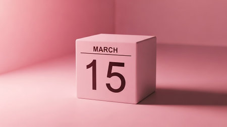 A clean, pink cube calendar is positioned in a minimalist pink environment. The cube clearly "MARCH" at the followed by the large number "15". The soft lighting and smooth surfaces create a serene and uncluttered aesthetic. is conveying themes of time, organization, or simple, The focus is on the clear presentation of the date within a monochromatic setting.の素材