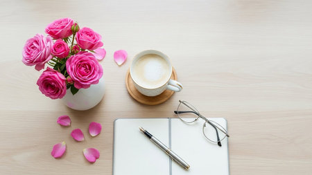A flat lay composition featuring a white vase filled with vibrant pink roses and scattered petals on a light wooden surface. Adjacent to the flowers is a cup of frothy cappuccino on a saucer, an open notebook with a fountain pen, and a pair of glasses. The scene evokes a sense of calm, creativity, and a pleasant morning routine. The lighting is soft and natural, highlighting the textures and colors of theの素材