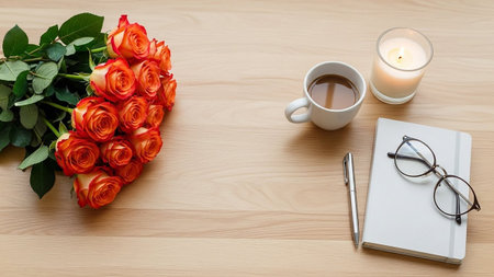 A warm and inviting flat lay composition on a light wooden desk. A lush bouquet of orange and red roses is arranged on the left. To the right, a white cup of coffee, a lit candle in a glass holder, an open notebook with a fountain pen, and a pair of glasses are neatly placed. The scene suggests a cozy and inspiring atmosphere, a moment of reflection or creative work.の素材