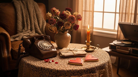 A cozy and intimate vintage scene is set on a round table covered with a lace tablecloth. A bouquet of dried roses in a vase sits beside a stack of letters tied with twine. Two heart-shaped cookies with red icing are placed on the table, alongside a lit candle in a brass candlestick. A vintage rotary telephone is positioned on the table, and in the background, a leather armchair with a draped blanket and a record player with a vinyl record suggest a relaxed, nostalgic atmosphere. The warm...の素材