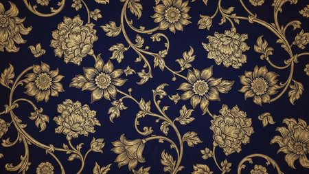 presents a rich and densely detailed golden floral pattern on a dark navy blue fabric background. The blossoms are intricately rendered with many petals, and the vines and leaves are interwoven to create a full and visual texture. The overall impression is one of opulence and classic artistry, high-end interior fashion textiles, or as a striking background for projects. The dark fabric provides a deep, velvety base for the gleaming goldの素材