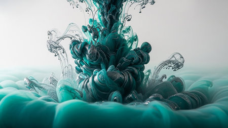 a powerful and dramatic eruption of teal ink and silver particles in clear water. The ink forms a dense, turbulent mass with swirling tendrils, while the silver particles add a shimmering, energetic The composition is highly dynamic and abstract, suggesting a forceful release of energy or a cosmic event. The close-up view emphasizes the intricate details of the fluid dynamics.の素材