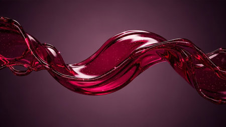 A graceful, undulating wave of dark red liquid flows across a muted purple background. The fluid is highly reflective, showcasing a glossy, smooth surface. Embedded within the liquid are numerous tiny, bright red glitter particles that sparkle and shimmer, adding a touch of luxury and magic to the movement. The wave is captured in a dynamic pose, suggesting continuous motion and fluidity. The deep, rich color and the sparkling create an and visually abstract composition.の素材