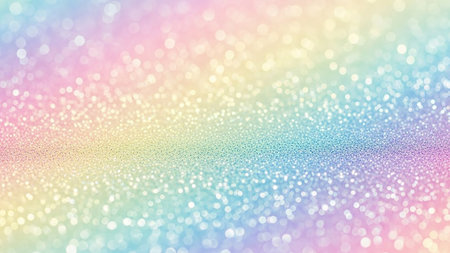 This abstract background a soft pastel rainbow palette with prominent bokeh effects, creating a dreamy and ethereal atmosphere. Numerous sparkling glitter particles are interspersed, adding a gentle shimmer and glow. The diffused light and soft focus give the a delicate and magical feel, themes of fantasy, celebration, or sweet aesthetics.の素材