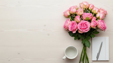 A minimalist flat lay composition featuring a bouquet of pink roses on the right side of a light wooden desk. A white notebook with a silver pen is placed below the flowers, and an empty white coffee cup is positioned to the left. The clean lines and the soft color palette create a serene and organized atmosphere. The ample empty space on the left side of the provides a backdrop for text or additional making it various purposes.の素材