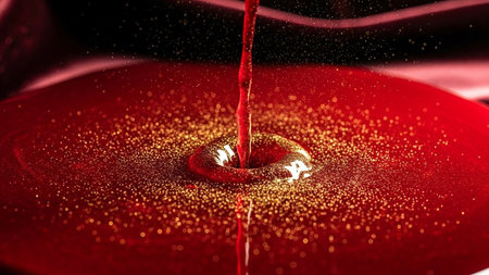 focuses on a stream of vibrant crimson liquid being poured into a pool filled with shimmering golden particles. The liquid creates a central vortex as it enters, disturbing the golden dust and causing ripples across the surface. The dark background enhances the intensity of the red and the sparkle of the gold. The scene evokes a sense of motion and rich texture, themes of celebration or high-end products.の素材
