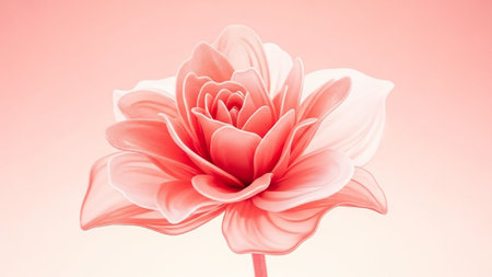 A beautifully rendered digital of a single, blooming rose in a soft coral pink hue. The flower's petals are intricately layered, creating a sense of depth and delicate texture. It is set against a smooth, soft pink gradient background that enhances the flower's gentle beauty. The is presented in a clean, artistic style, focusing solely on the floral with a soft, almost etherealの素材
