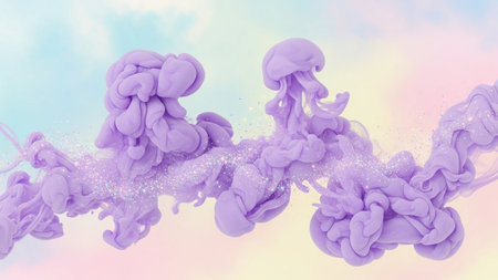An abstract composition featuring two distinct, amorphous forms of lavender smoke or liquid that resemble jellyfish. These forms are suspended against a soft pastel sky, with delicate tendrils trailing from them. Numerous small glitter particles are scattered throughout the forms and the background, adding a shimmering, magical The shapes are fluid and organic, suggesting a gentle, underwater-like movement.の素材