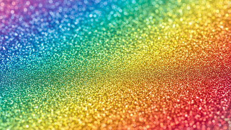 An abstract, colorful background featuring a vibrant rainbow of shimmering glitter. The has a soft focus, creating a dreamy bokeh effect with scattered light points. Tiny, sparkling particles catch the light, giving the surface a dynamic and festive appearance. The smooth gradient of colors, from red to purple, makes this a versatile and eye-catching texture for various applications.の素材