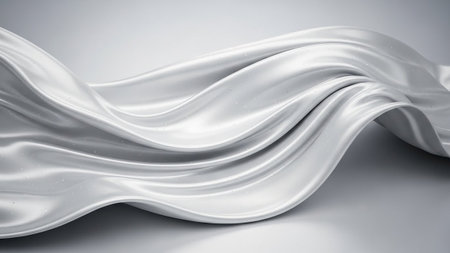 showcases a digital rendering of white satin fabric in a flowing, wave-like formation against a neutral grey gradient. The surface of the fabric is smooth and lustrous, with subtle details resembling water droplets scattered across its form. The gentle curves and soft shadows enhance the sense of elegance and fluidity. The overall aesthetic is clean, and abstract, making it a versatile backgroundの素材
