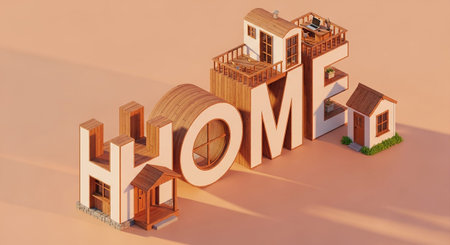 The word "HOME" is creatively rendered in 3D isometric style, formed by a collection of miniature houses and architectural modules. Each letter is distinct, showcasing different building from multi-story structures with balconies to smaller, single-unit dwellings. The composition includes like porches and outdoor spaces, suggesting a variety of residential living. The use of wood textures and warm lighting contributes to a welcoming and conceptual depiction of home.の素材