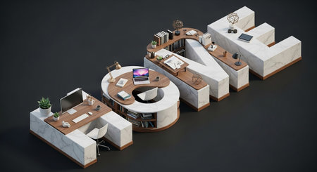 This 3D isometric presents the word "LOVE" constructed from modular office furniture. Each letter forms a distinct workspace, complete with marble-patterned surfaces, wooden and integrated office equipment such as laptops, computers, lamps, and chairs. Bookshelves are incorporated into some letters, adding a scholarly touch. The overall aesthetic is modern, clean, and organized, conveying themes of remote work, home offices, and contemporary business.の素材