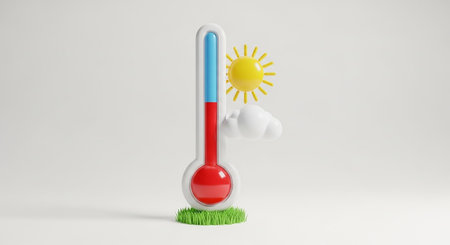 A 3D rendered thermometer stands on a small patch of vibrant green grass. The thermometer's red liquid indicates a temperature. A bright yellow sun and a fluffy white cloud are positioned next to the thermometer, suggesting a sunny day with potential for clouds. The thermometer has a clean white casing and a blue accent at the is isolated on a white background, offering a fresh and appealing visual for weather and nature themes.の素材