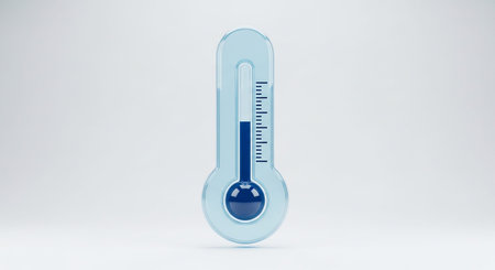 A 3D rendered of a translucent blue glass thermometer against a subtle, light gray background. The bulb and the liquid column inside are a deep, dark blue, suggesting a cool or cold temperature reading. The scale is clearly visible with fine markings. The overall presentation is and clean, emphasizing the precision of the measurement.の素材