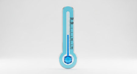 A blue glass thermometer with a visible liquid column reaching a low point, positioned next to an ice cube at the base. The scale indicates Celsius, with the liquid level suggesting a temperature at or near freezing. The clean 3D render on a white background emphasizes the scientific concept of temperature measurement and the state of ice.の素材