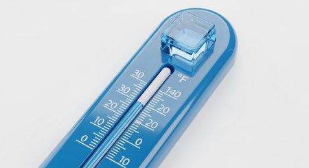 A close-up, angled view of a bright blue thermometer against a clean white background. The thermometer a clear glass tube with a white liquid column indicating a moderate temperature. Markings for both Fahrenheit and Celsius scales are visible, with the Fahrenheit scale showing readings up to 140 degrees. A small, transparent blue cube, resembling an ice cube, is positioned at the of the thermometer's housing, suggesting a connection to temperature measurement or cooling. The overall...の素材