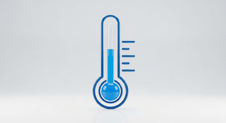 A stylized blue thermometer stands vertically against a clean, light gray gradient background. The thermometer a glass-like appearance with a bulb at the bottom containing a blue liquid that rises partway up the calibrated scale. The scale has distinct markings indicating temperature levels. The overall aesthetic is minimalist and modern, focusing on the instrument itself and its function of measuring temperature.の素材