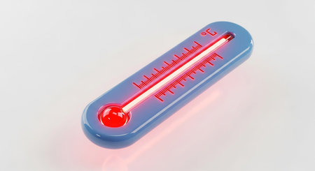 A close-up, studio-shot 3D render of a blue thermometer. The red liquid within the glass tube is brightly glowing, indicating a significantly temperature. The scale markings and the Celsius symbol are clearly visible. The thermometer is isolated on a clean, white background, with a subtle red glow emanating from its base, emphasizing the heat it The overall impression is one of intense heat or a critical temperature reading.の素材